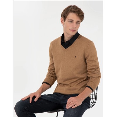 Camel Melanj Slim Fit V Yaka Basic Triko Kazak