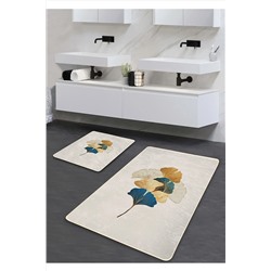 Pilloveland Kaymaz Taban Yıkanabilir 2’li Banyo Paspası - Gold Ginkgo Desenli 60*100 Cm - 50*60 Cm BM0184