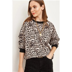 Olalook Kadın Ekru Leopar Basic Yumuşak Dokulu Salaş Sweatshirt SWT-19000457