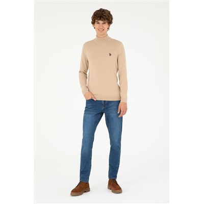 Erkek Slim Fit Yarım Boğazlı Kum Melanj Basic Kazak