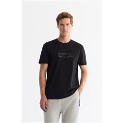 Siyah Bisiklet Yaka Baskılı Elastan T-Shirt