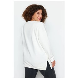 Bej Kalın İçi Polarlı Yırtmaçlı Oversize/Bol Kesim Örme Büyük Beden Sweatshirt TBBAW24AO00003