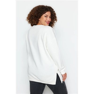 Bej Kalın İçi Polarlı Yırtmaçlı Oversize/Bol Kesim Örme Büyük Beden Sweatshirt TBBAW24AO00003