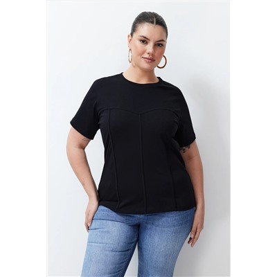 Siyah Biye Detaylı %100 Pamuk Örme T-shirt TBBSS24BF00021