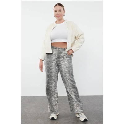 Gri Yüksek Bel Animal Desenli Straight Fit Büyünk BedenJeans TBBAW25CJ00008