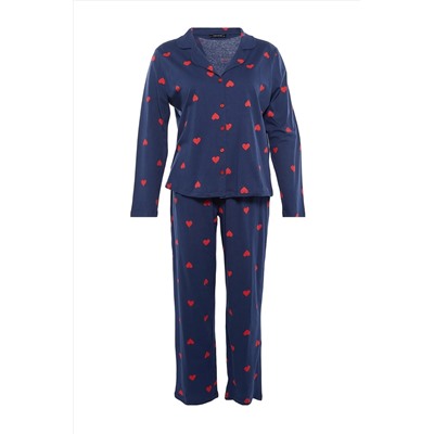Lacivert Kalpli Gömlek Yaka Örme Pijama Takımı TBBAW23AI00019