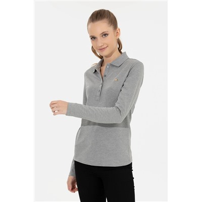 Kadın Gri Melanj Basic Polo Yaka Sweatshirt