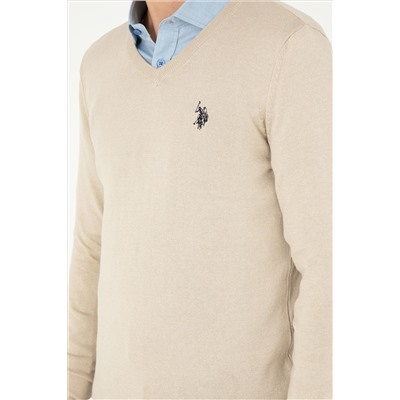 Erkek Slim Fit V Yaka Taş Melanj Basic Kazak