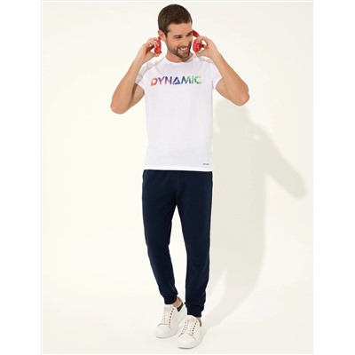 Beyaz Slim Fit Baskılı Bisiklet Yaka Tişört