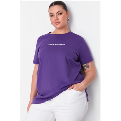 Mor Boyfriend Fit Slogan Baskılı Bisiklet Yaka %100 Pamuk Örme Büyük Beden T-Shirt TBBSS23BF00022