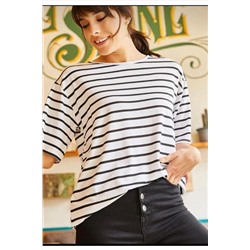 Olalook, Kadın Beyaz Çizgili Salaş T-shirt TSH-19000283