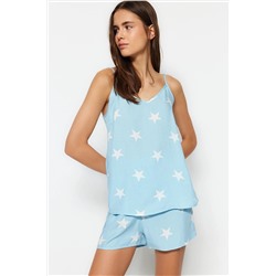 TRENDYOLMİLLA Mavi Yıldızlı Viskon Atlet-Şort Dokuma Pijama Takımı THMSS20PT0295