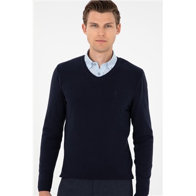 Erkek Slim Fit V Yaka Lacivert Basic Kazak