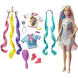 Barbie Fantasy Hair Doll, Blonde, with 2 Decorated Crowns, 2 Tops & Accessories for Mermaid and Unicorn Looks, Plus Hairstyling Pieces, for Kids 3 to 7 Years Old