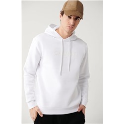 Avva Erkek Beyaz Kapüşonlu Yaka 3 İplik Şardonlu Piramit Baskılı Standart Fit Normal Kesim Sweatshirt A32 A32Y1240