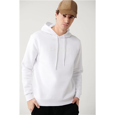 Avva Erkek Beyaz Kapüşonlu Yaka 3 İplik Şardonlu Piramit Baskılı Standart Fit Normal Kesim Sweatshirt A32 A32Y1240