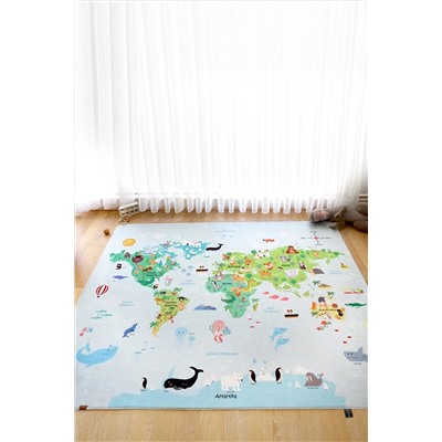 HAMUR Dünya Haritası 120x160 Cm Oyun Matı Bebek Ve Çocuk Halısı Mavi TYC00506622355