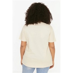 Bej Bisiklet Yaka Metalik Baskılı %100 Pamuk Örme T-Shirt TBBSS22TS2287