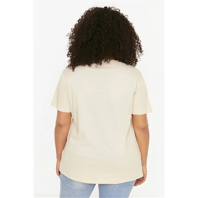 Bej Bisiklet Yaka Metalik Baskılı %100 Pamuk Örme T-Shirt TBBSS22TS2287