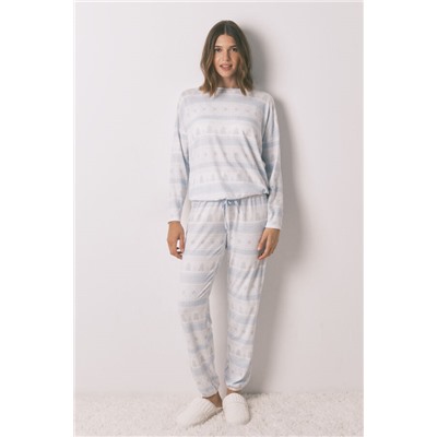 Pijama largo punto suave cenefas azul
