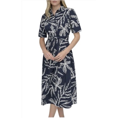 DKNY Botanical Long Sleeve Mdi Shirtdress
