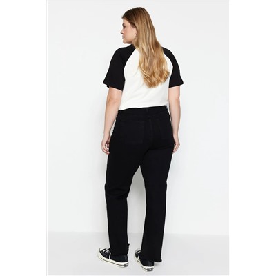 Siyah Yüksek Bel Pis Uç Detaylı Geniş Paça Comfort Büyük Beden Wide Leg Jeans TBBSS23CJ00009