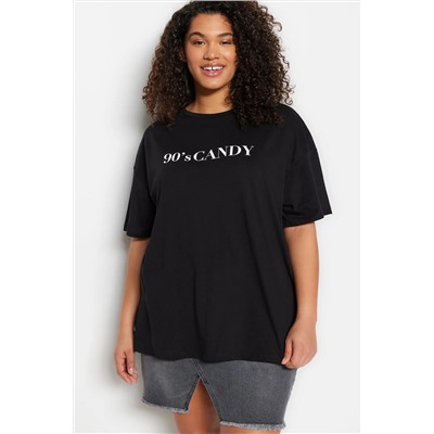 Siyah Geniş Kalıp Baskılı Bisiklet Yaka %100 Pamuk Örme T-shirt TBBSS23BF00015