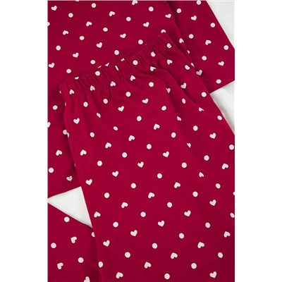 Bordo Kalp ve Puantiye Desenli Örme Pijama Takımı TBBAW25AI00065