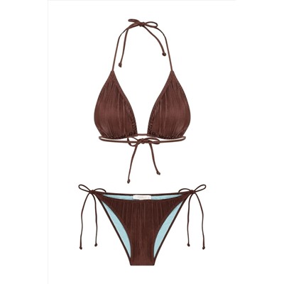 Aquella, Piliseli Saten Acı Kahve Üçgen Bikini Takım