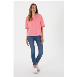 Kadın Pembe Oversize Bisiklet Yaka Tişört