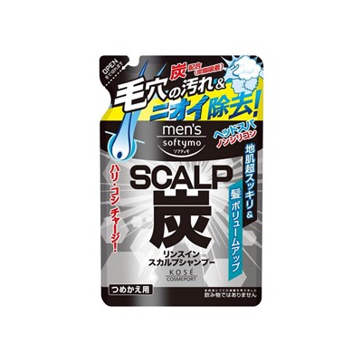 KOSE SCALP Mens Softymo Шампунь мужской с древесным углем глубокое очищение, сменная упаковка 400 мл
