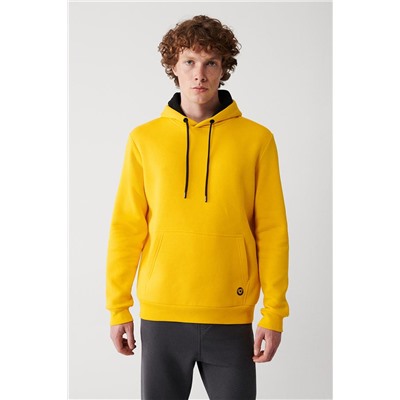 Sarı Kapüşonlu Yaka İçi Polarlı 3 İplik Pamuklu Regular Fit Standart Kesim Unisex Sweatshirt