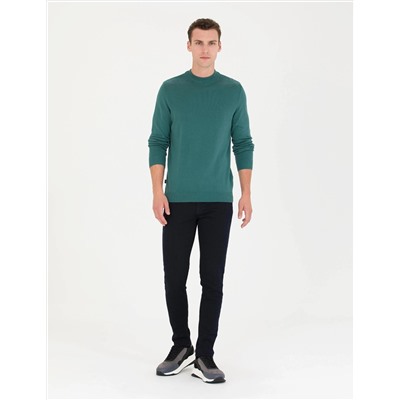 Yeşil Slim Fit Bisiklet Yaka Basic Triko Kazak