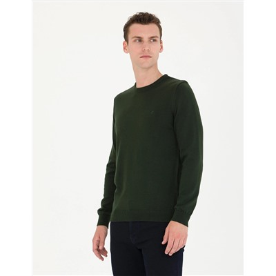 Koyu Yeşil Slim Fit Bisiklet Yaka Basic Triko Kazak