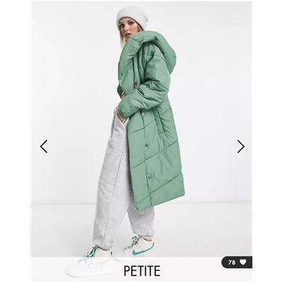 Noisy May Petite longline padded coat with hood in green