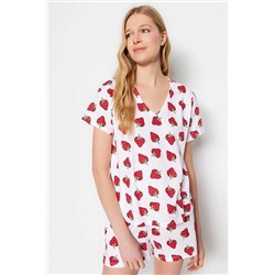 TRENDYOLMİLLA Beyaz %100 Pamuk Çilek Desenli T-shirt-Şort Örme Pijama Takımı THMSS23PT00013
