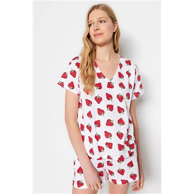 TRENDYOLMİLLA Beyaz %100 Pamuk Çilek Desenli T-shirt-Şort Örme Pijama Takımı THMSS23PT00013