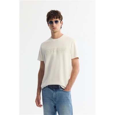 Avva, Erkek Ekru Bisiklet Yaka Baskılı Elastan T-shirt A42y1011
