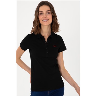 Kadın Siyah Basic Polo Yaka Tişört