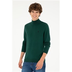 Erkek Slim Fit Yarım Boğazlı Koyu Yeşil Basic Kazak