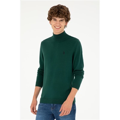 Erkek Slim Fit Yarım Boğazlı Koyu Yeşil Basic Kazak