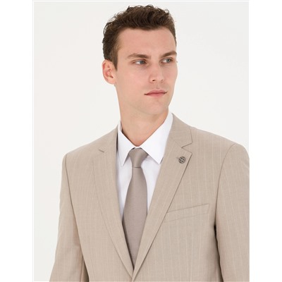 Bej Ekstra Slim Fit Çizgili Takım Elbise