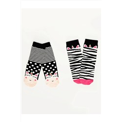 Denokids Zebra Unicorn Kız Çocuk Çizgili Siyah Beyaz Soket Çorap 2 Çift Takım CFF-20S1-153