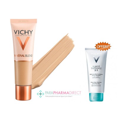 Vichy MineralBlend Fond de Teint Hydratant Teint Frais Tenue 16H Teinte 09 Agate 30ml + Démaquillant 3en1 100ml OFFERT