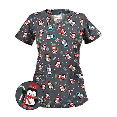 UA Penguin Holiday Pewter Print Scrub Top