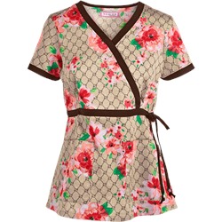 koi Scrubs Designer Floral Mock Wrap Print Top