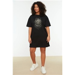 Siyah Geometrik Baskılı %100 Pamuk Örme Büyük Beden T-Shirt Elbise TBBSS22EL2269