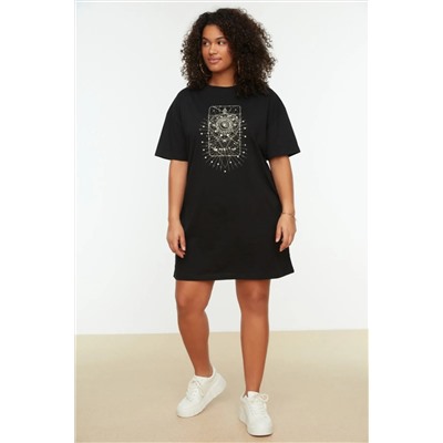 Siyah Geometrik Baskılı %100 Pamuk Örme Büyük Beden T-Shirt Elbise TBBSS22EL2269