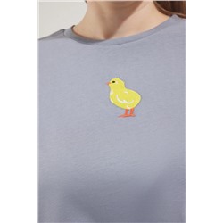 Gri  Bisiklet Yaka Nakışlı Crop Örme Büyük beden T-shirt TBBSS25BF00015