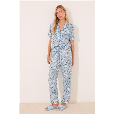 Pijama camisero largo viscosa flores azul